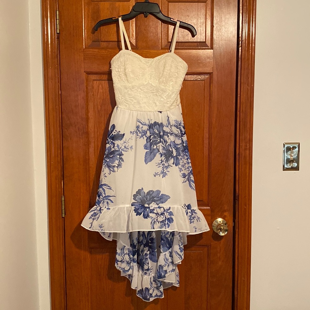 AUW White w/ Blue Floral High-Low Dress